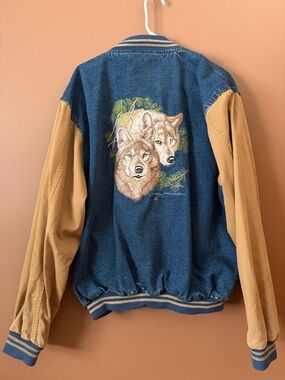 Vintage Wolf Embroidered Denim Varsity Jacket L Tan Sleeve Wildlife Graphic